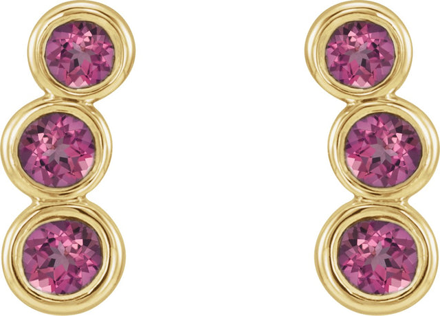 14K Gold Round Natural Pink Tourmaline Three-Stone Ear Climbers - Yellow Gold - view 2