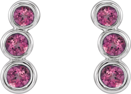 Platinum Round Natural Pink Tourmaline Three-Stone Ear Climbers - view 2