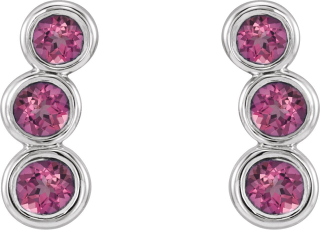 Platinum Round Natural Pink Tourmaline Three-Stone Ear Climbers - view 2