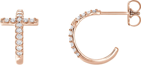14K Gold Round Natural Diamond Accented Cross Hoop Earrings - Rose Gold