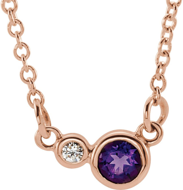 14K Gold Round Natural Amethyst Accented Bezel-Set Necklace - Rose Gold