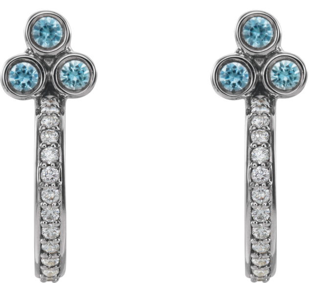 14K Gold Round Natural Blue Zircon Accented Bezel-Set J-Hoop Earrings - White Gold - view 2