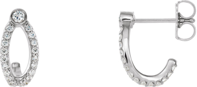 Platinum Round Natural Diamond Accented J-Hoop Earrings – 2mm Stones
