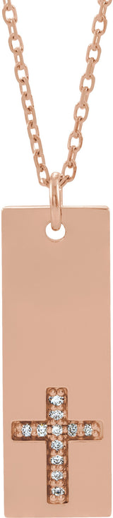 14K Gold Round Natural Diamond Accented Bar Cross Necklace or Pendant - Rose Gold