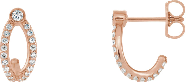 14K Gold Round Natural Diamond Accented J-Hoop Earrings II - Rose Gold