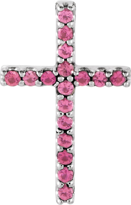 Platinum Round Natural Pink Tourmaline Petite Cross Necklace or Pendant