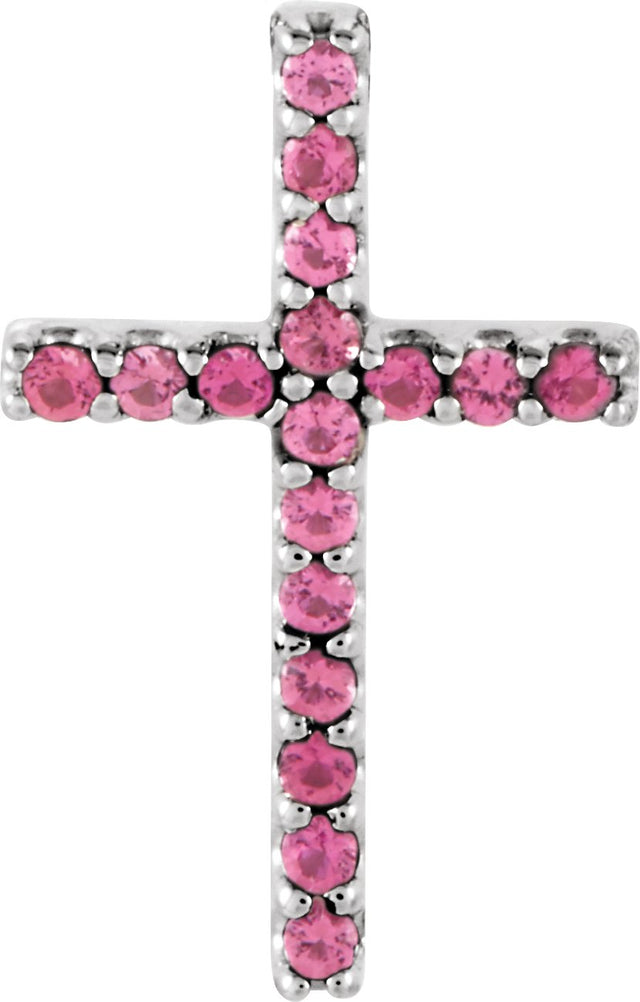 Platinum Round Natural Pink Tourmaline Petite Cross Necklace or Pendant