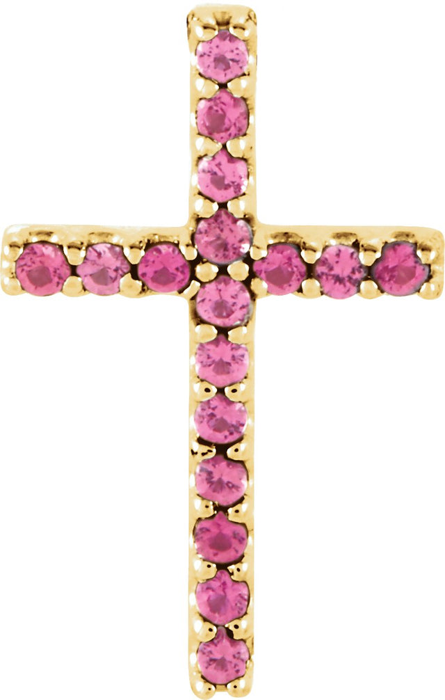 14K Gold Round Natural Pink Tourmaline Petite Cross Necklace or Pendant - Yellow Gold