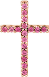 14K Gold Round Natural Pink Tourmaline Petite Cross Necklace or Pendant - Rose Gold