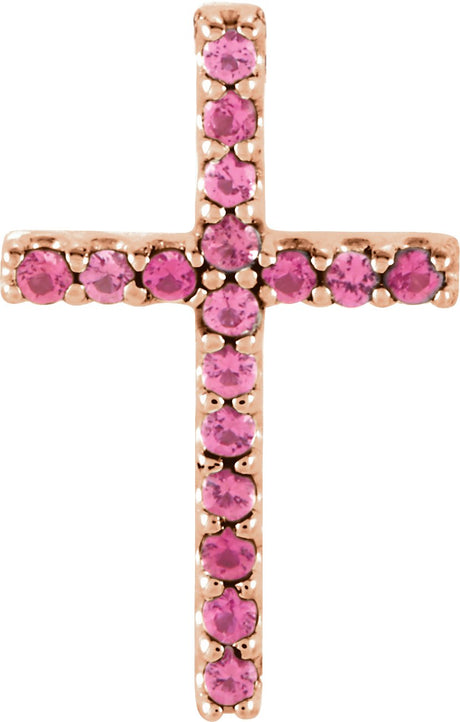 14K Gold Round Natural Pink Tourmaline Petite Cross Necklace or Pendant - Rose Gold