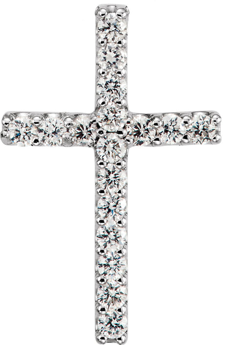 14K Gold Round Natural Diamond Petite Cross Necklace or Pendant - White Gold