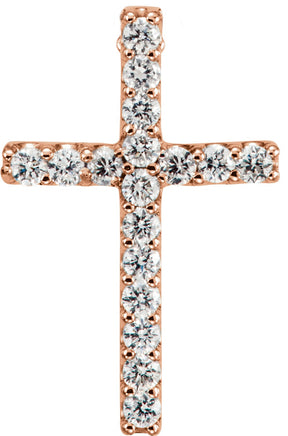 14K Gold Round Natural Diamond Petite Cross Necklace or Pendant - Rose Gold