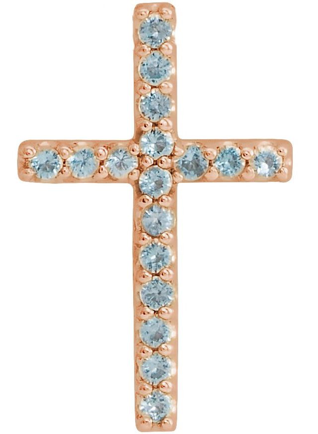 14K Gold Round Natural Swiss Blue Topaz Petite Cross Necklace or Pendant - Rose Gold