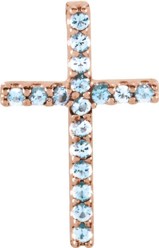 14K Gold Round Natural Aquamarine Petite Cross Necklace or Pendant - Rose Gold