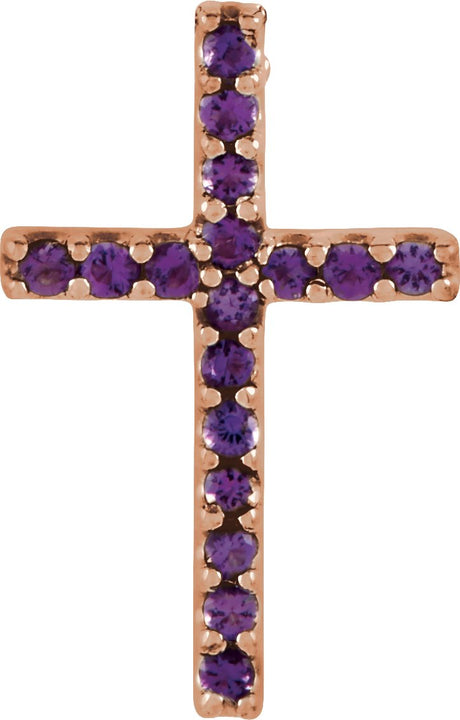 14K Gold Round Natural Amethyst Petite Cross Necklace or Pendant - Rose Gold