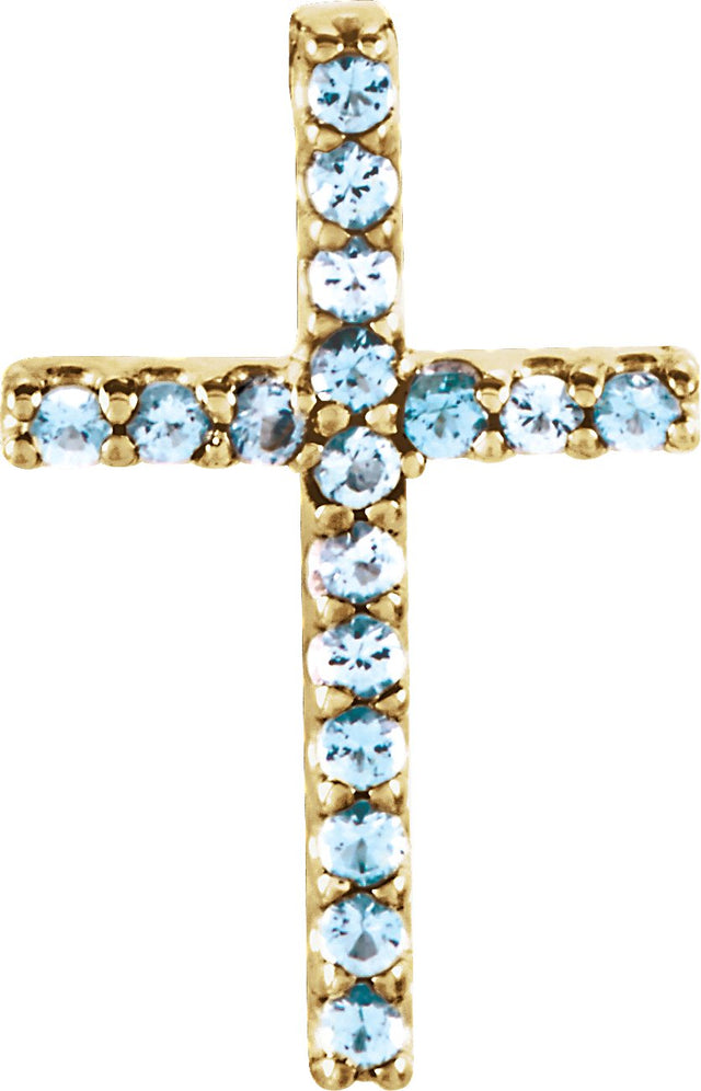 14K Gold Round Natural Aquamarine Petite Cross Necklace or Pendant - Yellow Gold