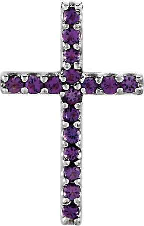Platinum Round Natural Amethyst Petite Cross Necklace or Pendant
