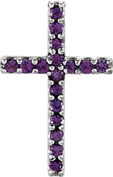 14K Gold Round Natural Amethyst Petite Cross Necklace or Pendant - White Gold