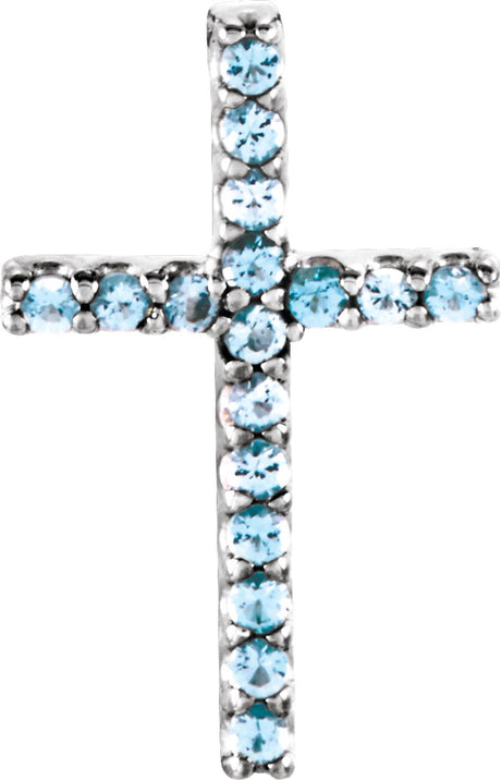 Platinum Round Natural Aquamarine Petite Cross Necklace or Pendant