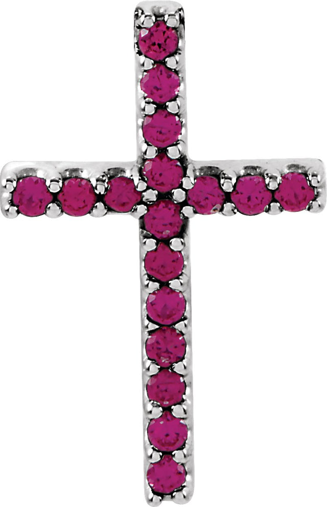 14K Gold Round Natural Ruby Petite Cross Necklace or Pendant - White Gold