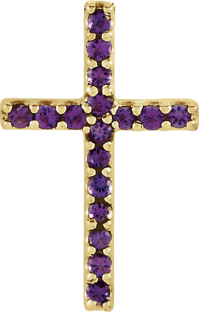 14K Gold Round Natural Amethyst Petite Cross Necklace or Pendant - Yellow Gold