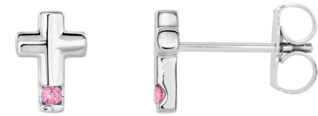 Platinum Round Natural Pink Tourmaline Accented Cross Earrings