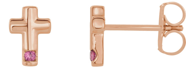 14K Gold Round Natural Pink Tourmaline Accented Cross Earrings - Rose Gold