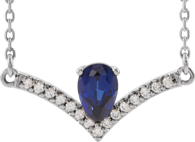 14K Gold Pear Lab-Grown Blue Sapphire Accented V Necklace - White Gold