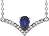 Platinum Pear Lab-Grown Blue Sapphire Accented V Necklace