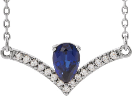 Platinum Pear Lab-Grown Blue Sapphire Accented V Necklace