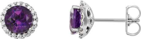 Platinum Natural Amethyst Round 4-Prong Halo-Style Earrings – 3-6mm Stones