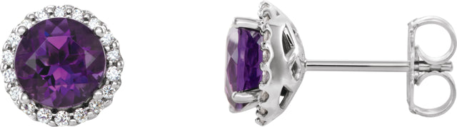 Platinum Natural Amethyst Round 4-Prong Halo-Style Earrings – 3-6mm Stones