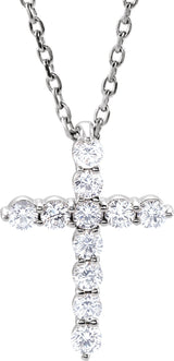 14K Gold Round Lab-Grown Diamond Accented Cross Necklace or Pendant – 1.8-2.4mm Stones - White Gold