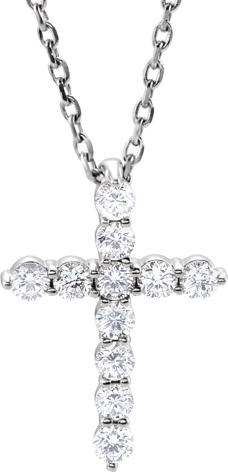 14K Gold Round Lab-Grown Diamond Accented Cross Necklace or Pendant – 1.8-2.4mm Stones - White Gold
