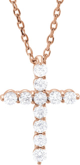 14K Gold Round Lab-Grown Diamond Accented Cross Necklace or Pendant – 1.8-2.4mm Stones - Rose Gold