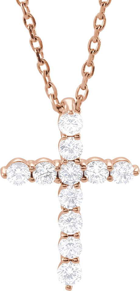 14K Gold Round Lab-Grown Diamond Accented Cross Necklace or Pendant – 1.8-2.4mm Stones - Rose Gold