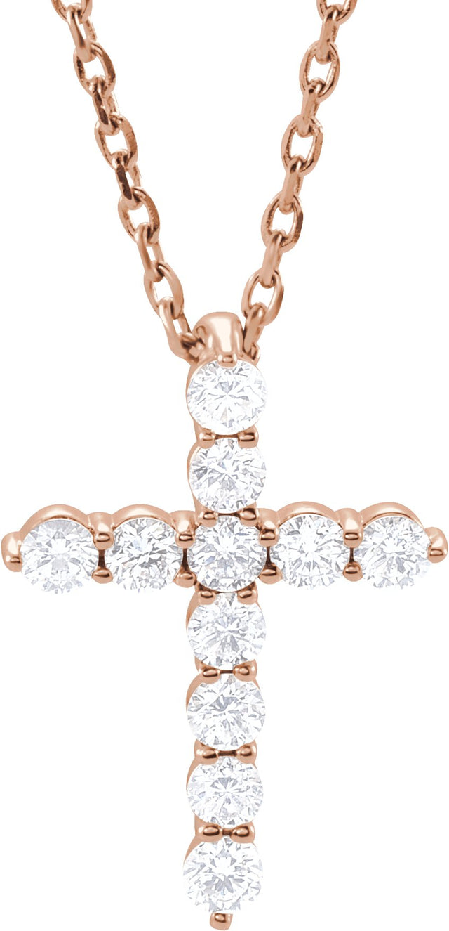 14K Gold Round Lab-Grown Diamond Accented Cross Necklace or Pendant – 1.8-2.4mm Stones - Rose Gold