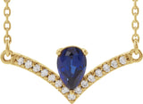 14K Gold Pear Natural Blue Sapphire Accented V Necklace - Yellow Gold