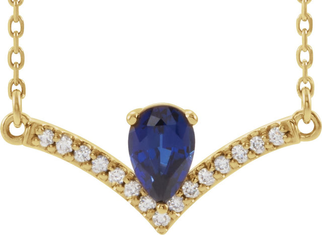 14K Gold Pear Natural Blue Sapphire Accented V Necklace - Yellow Gold