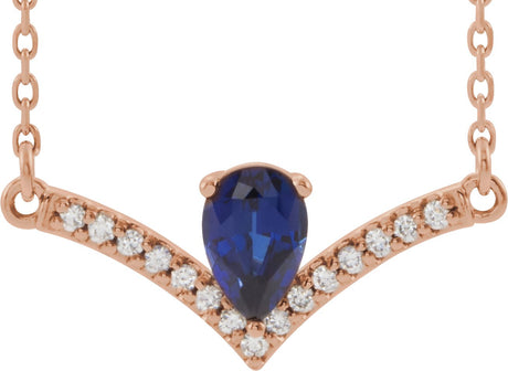14K Gold Pear Natural Blue Sapphire Accented V Necklace - Rose Gold