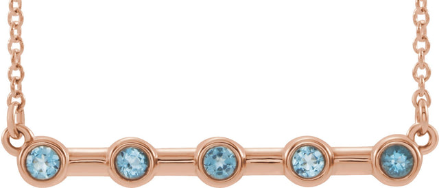 14K Gold Round Natural Aquamarine Bezel-Set Bar Necklace II - Rose Gold
