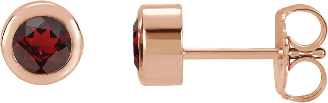 14K Gold Natural Mozambique Garnet Round Bezel-Set Birthstone Stud Earrings - Rose Gold