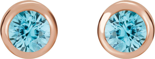 14K Gold Natural Blue Zircon Round Bezel-Set Birthstone Stud Earrings - Rose Gold - view 2