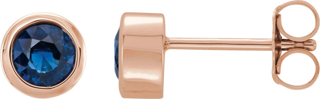 14K Gold Natural Blue Sapphire Round Bezel-Set Birthstone Stud Earrings - Rose Gold