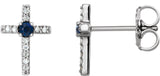 14K Gold Round Lab-Grown Blue Sapphire Accented Cross Earrings - White Gold