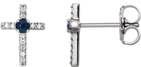 Platinum Round Lab-Grown Blue Sapphire Accented Cross Earrings