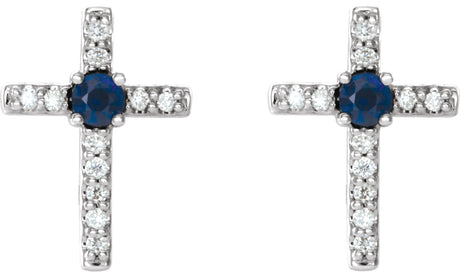 Platinum Round Lab-Grown Blue Sapphire Accented Cross Earrings - view 2