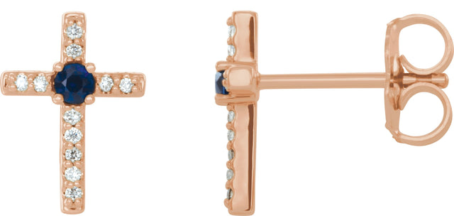 14K Gold Round Lab-Grown Blue Sapphire Accented Cross Earrings - Rose Gold