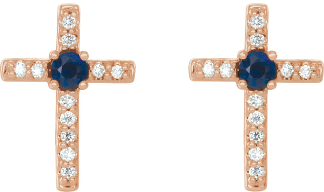 14K Gold Round Lab-Grown Blue Sapphire Accented Cross Earrings - Rose Gold - view 2