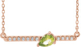 14K Gold Pear Natural Peridot Accented Bar Necklace - Rose Gold